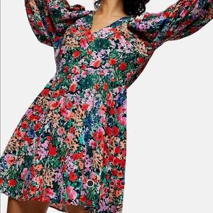 Topshop puff sleeve v neck mini dress floral